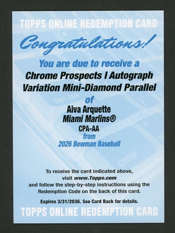 2026 Bowman #CPA-AA Chrome Prospect Autographs - Mini-Diamond Refractor /100 (1st)