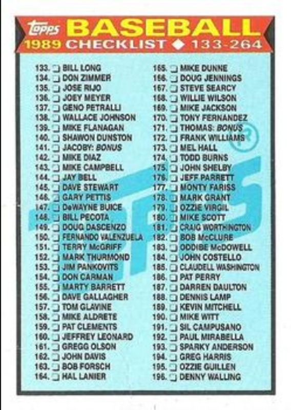 Checklist 1989 Topps #258 Base RAW