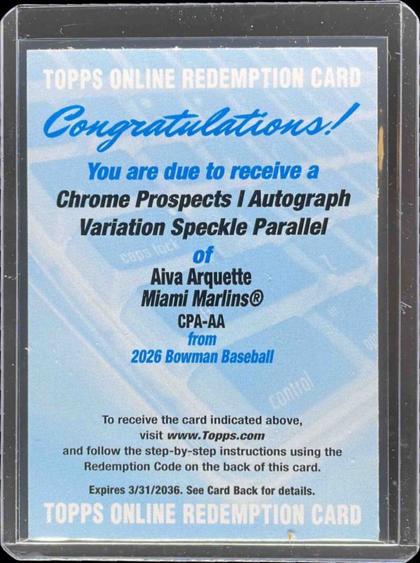 2026 Bowman #CPA-AA Chrome Prospect Autographs - Speckle Refractor /299 (1st)
