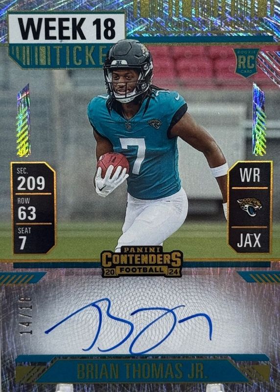 Brian Thomas Jr. 2024 Contenders #103 Rookie Ticket Auto - Week 18 Ticket /18 RAW