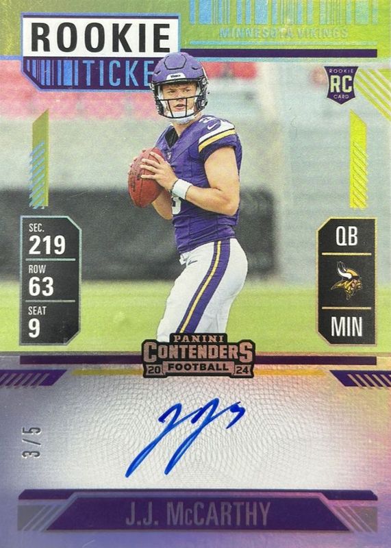 JJ McCarthy 2024 Contenders #101 Rookie Ticket Auto - Goal Line Ticket /5 RAW