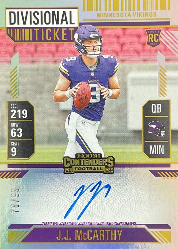 JJ McCarthy 2024 Contenders #101 Rookie Ticket Auto Variation - Divisional Ticket /99 RAW