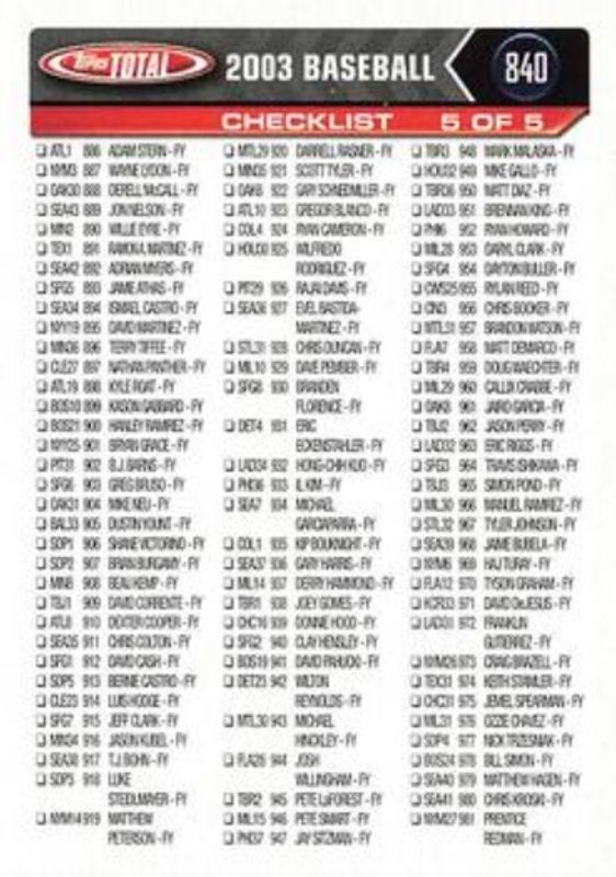 Checklist 2003 Topps Total #840 Base RAW