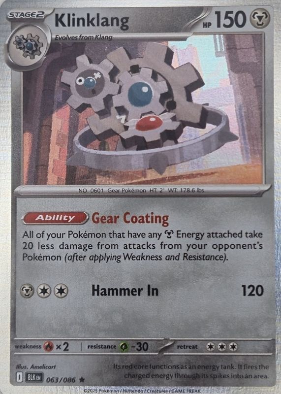 klinklang pokemon card {148/086}Klinklang Colorless Power Beam (130) Weakness Fire 2 Resistance Grass Klinklang 2025 Scarlet & Violet: