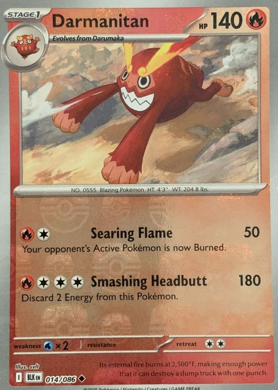 Darmanitan 2025 Scarlet & Violet: Black Bolt #014/086 Master Ball Reverse Holo RAW TCG (NEAR MINT)
