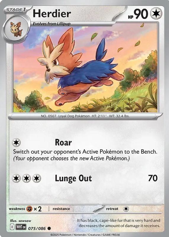 Herdier 2025 Scarlet & Violet: White Flare #075/086 Poke Ball Reverse Holo RAW TCG (LIGHTLY PLAYED)
