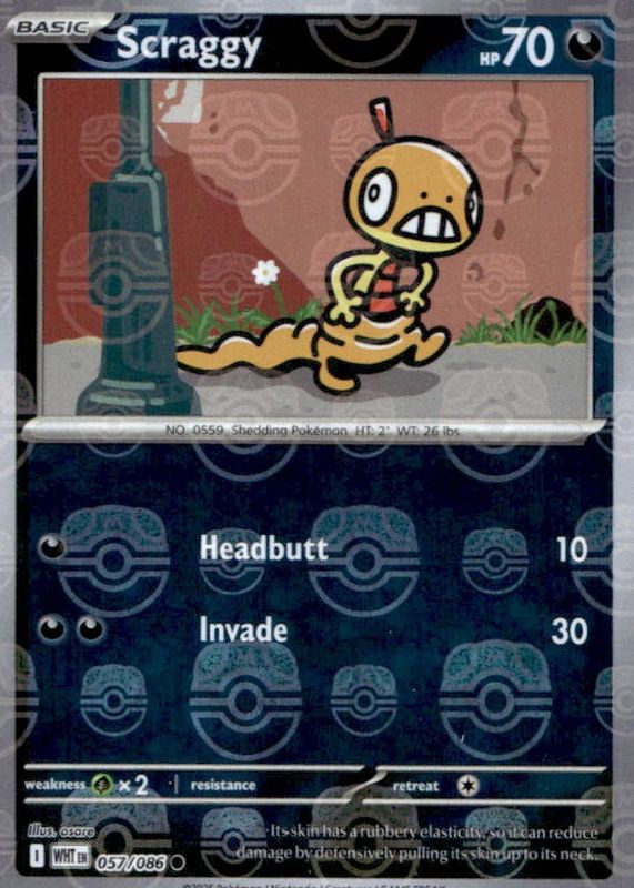 scraggy pokemon card {109/193}Scraggy (Ball Mirror) this Pokmon takes 10 less damage from attacks (after applying Weakness and Resistance) Journey Together (SV09) Checklane Blister