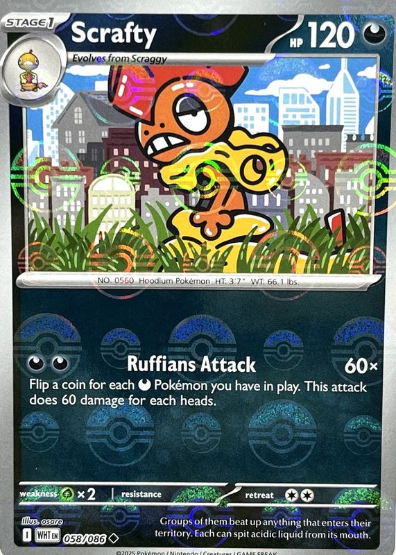 Scrafty 2025 Scarlet & Violet: White Flare #058/086 Poke Ball Reverse Holo RAW TCG (LIGHTLY PLAYED)