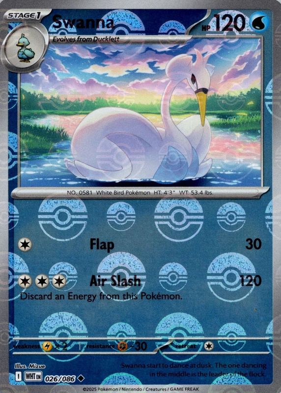 Swanna 2025 Scarlet & Violet: White Flare #026/086 Poke Ball Reverse Holo RAW TCG (NEAR MINT)