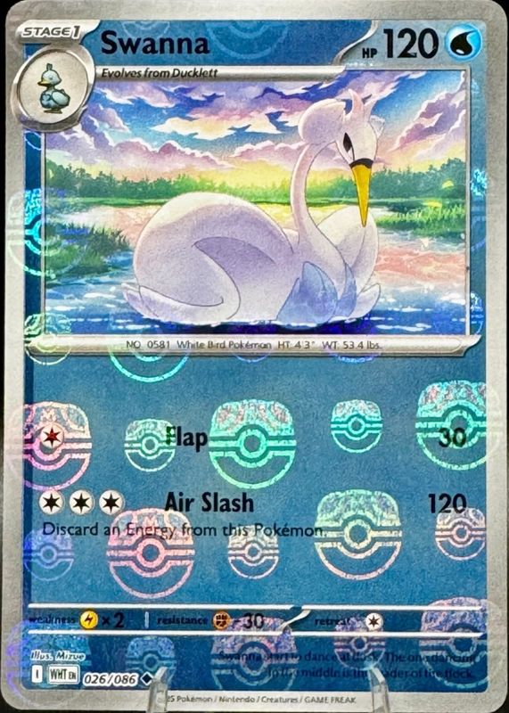 swanna pokemon card value 026/086 Sv: White Flare Reverse Holo Evolves from Ducklett Type Swanna | Dex - for