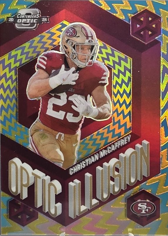 Christian McCaffrey 2024 Contenders Optic #OI-CMY Optic Illusion - Gold /10 RAW