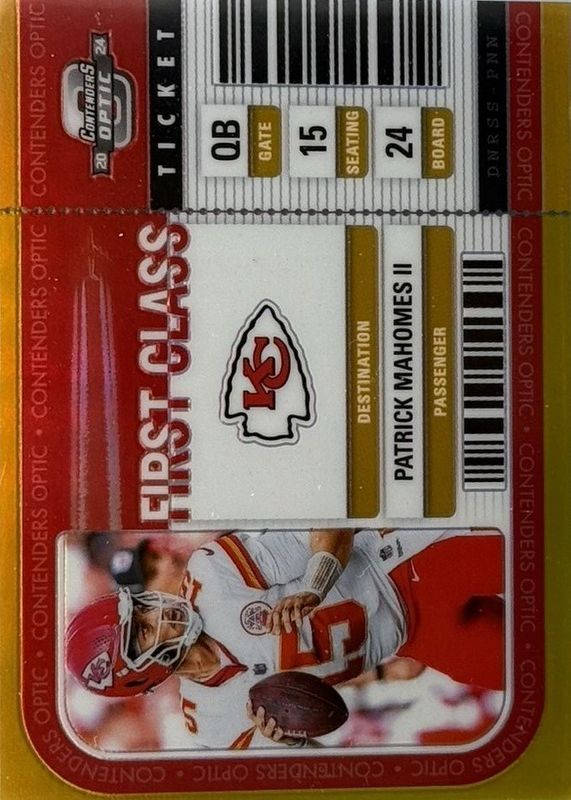 Patrick Mahomes II 2024 Contenders Optic #FCT-PMS First Class Ticket - Gold /10 RAW