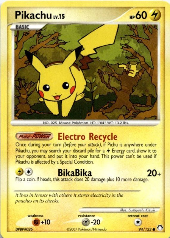 Pikachu 2007 Diamond & Pearl: Mysterious Treasures #094/123 Base RAW TCG (LIGHTLY PLAYED)