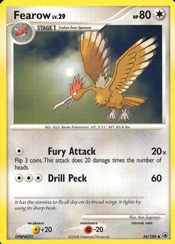 Fearow 2008 Diamond & Pearl: Majestic Dawn #036/100 Base RAW TCG (LIGHTLY PLAYED)
