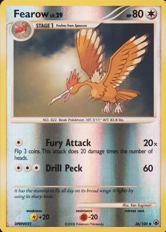 Fearow 2008 Diamond & Pearl: Majestic Dawn #036/100 Reverse Holo RAW TCG (LIGHTLY PLAYED)