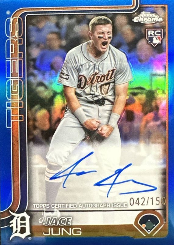 Jace Jung 2025 Topps Chrome #RA-JJ Rookie Autographs - Blue Refractor /150 RAW