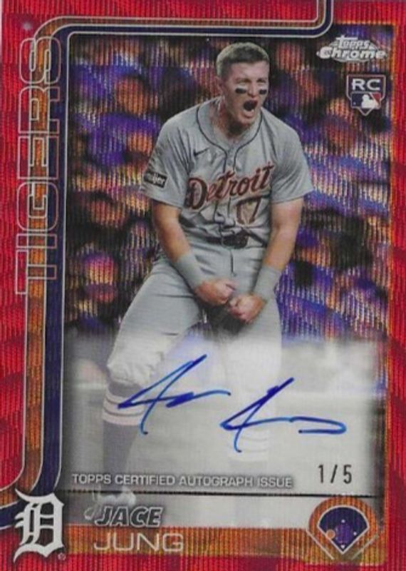 Jace Jung 2025 Topps Chrome #RA-JJ Rookie Autographs - Red Wave Refractor /5 RAW