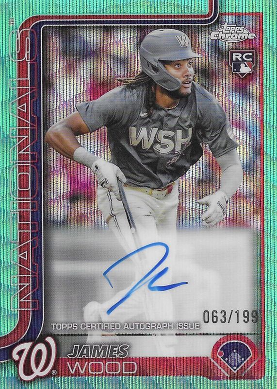 James Wood 2025 Topps Chrome #RA-JWO Rookie Autographs - Aqua Wave Refractor /199 RAW