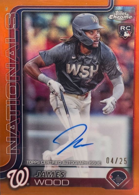 James Wood 2025 Topps Chrome #RA-JWO Rookie Autographs - Orange Refractor /25 RAW