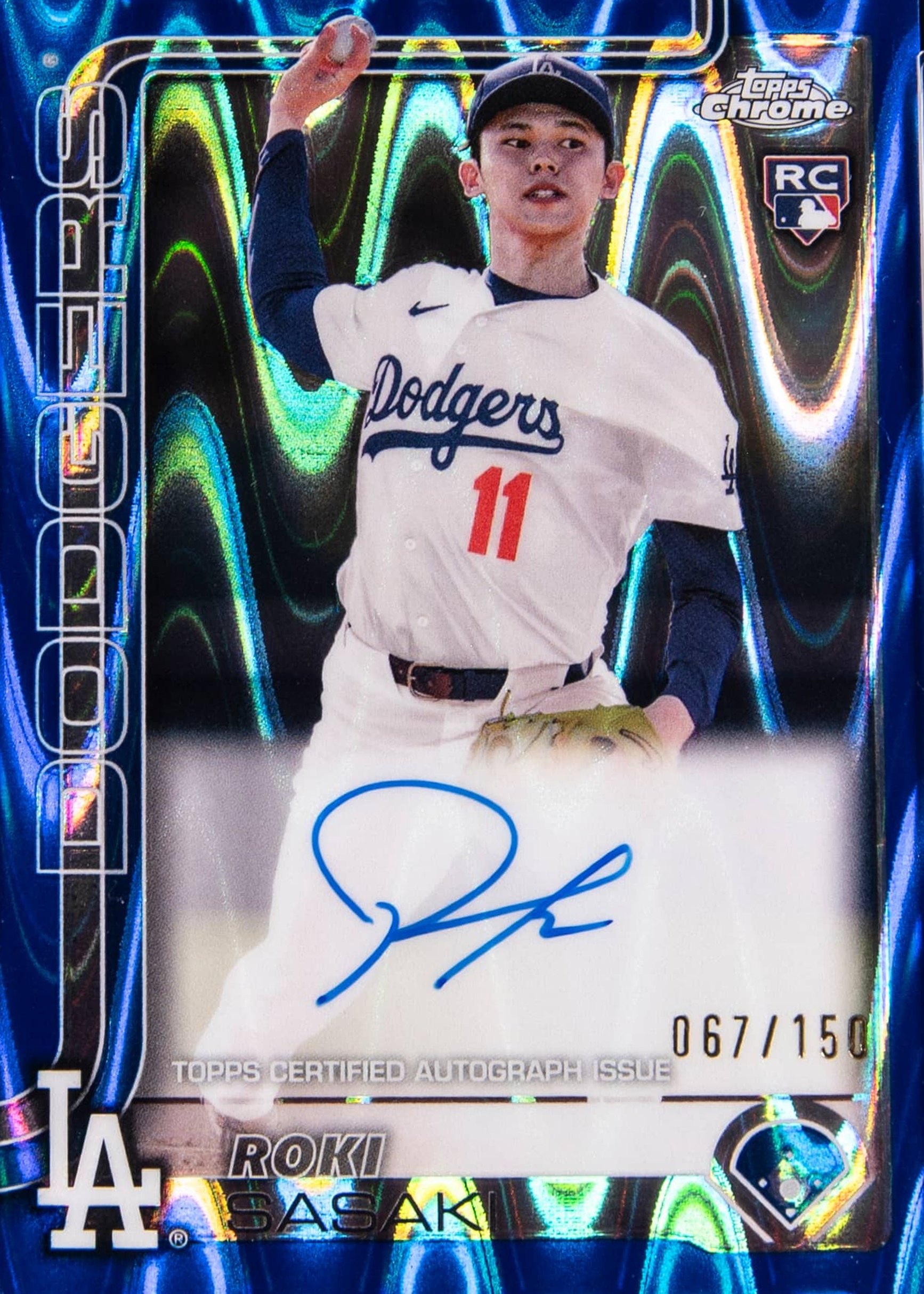 Roki Sasaki 2025 Topps Chrome #RA-ROKI Rookie Autographs - Blue RayWave ...