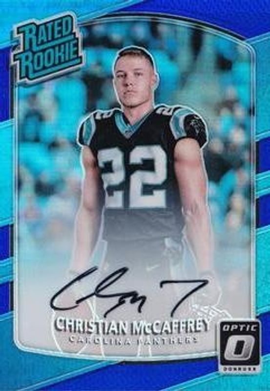 Christian McCaffrey 2017 Optic #168 Rated Rookies Autographs - Blue /75 RAW
