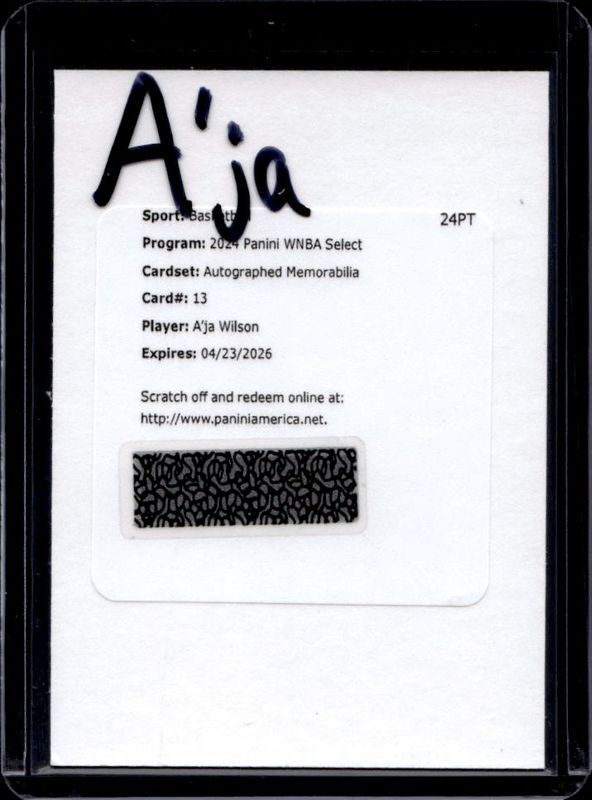 A'ja Wilson 2024 Select WNBA #AM-AJ Autographed Memorabilia RAW