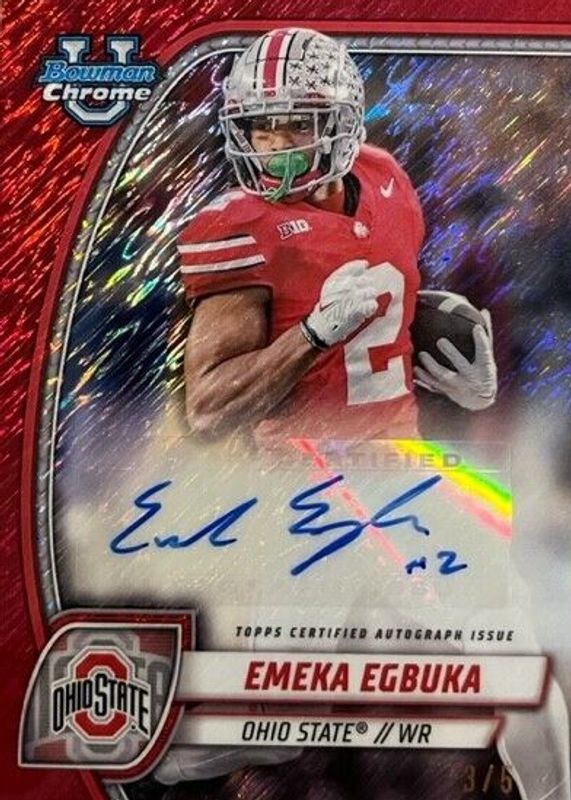 Emeka Egbuka 2024 Bowman Chrome University #PA-EEG Prospect Auto - Red Shimmer Refractor /5 RAW