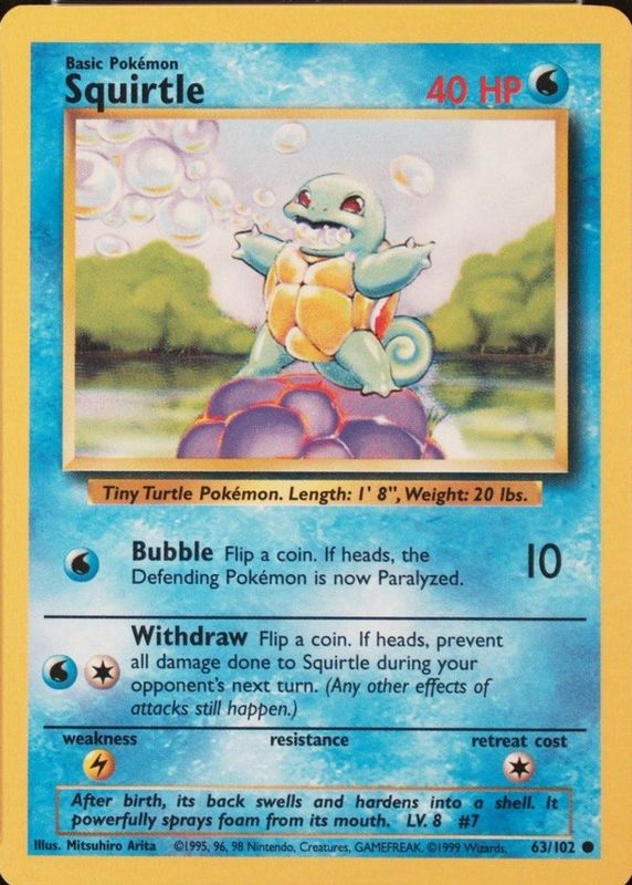 1999 squirtle pokemon card ARS10 Pokmon Old Back PSA10 Equivalent  Mercari Japan: Shop from Japan Item Information Certification Number 47800240 Label Type with fugitive ink technology Reverse Cert Number/Barcode Yes Year 1999 Brand POKEMON GAME Sport TCG Cards Card Number 63 Player SQUIRTLE Variety/Pedigree SHADOWLESS Grade MINT 9 Squirtle Pokemon Trading Card -