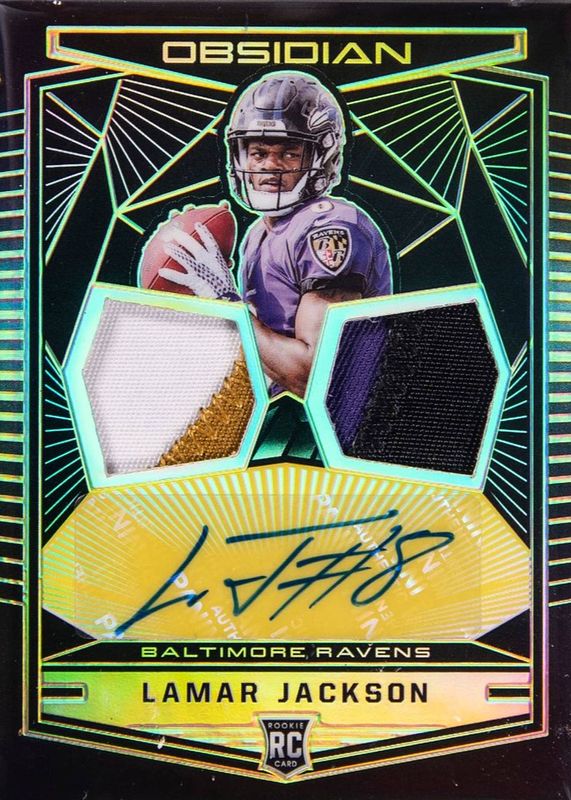 Lamar Jackson 2018 Obsidian #2 Rookie Jersey Ink Dual Relics - Electric Etch Yellow /10 RAW