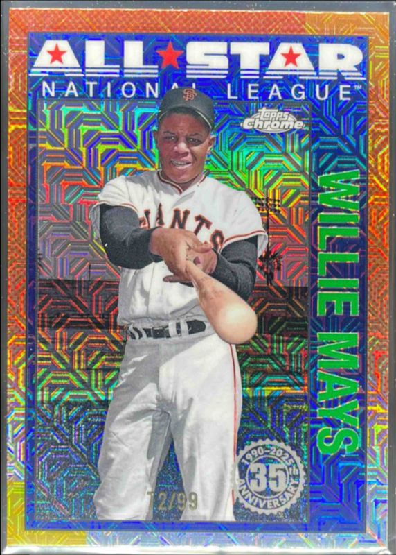 Willie Mays 2025 Topps #90ASC-30 1990 Chrome Baseball All-Star Silver Pack - Green Refractor /99 RAW