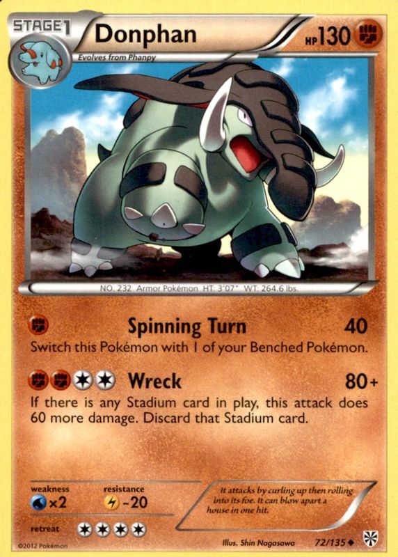 Donphan 2013 Black & White: Plasma Storm #072/135 Base RAW TCG (LIGHTLY PLAYED)