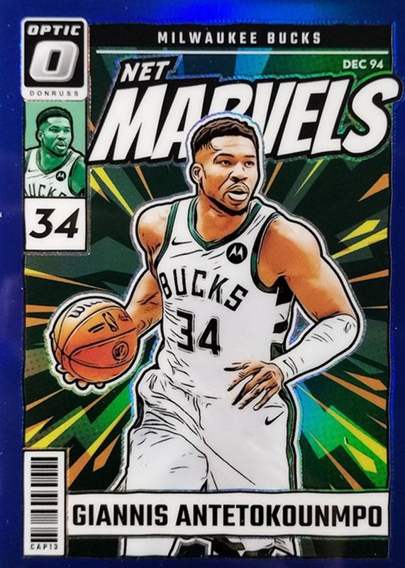 Giannis Antetokounmpo 2024 Optic #6 Net Marvels - Blue /49 RAW