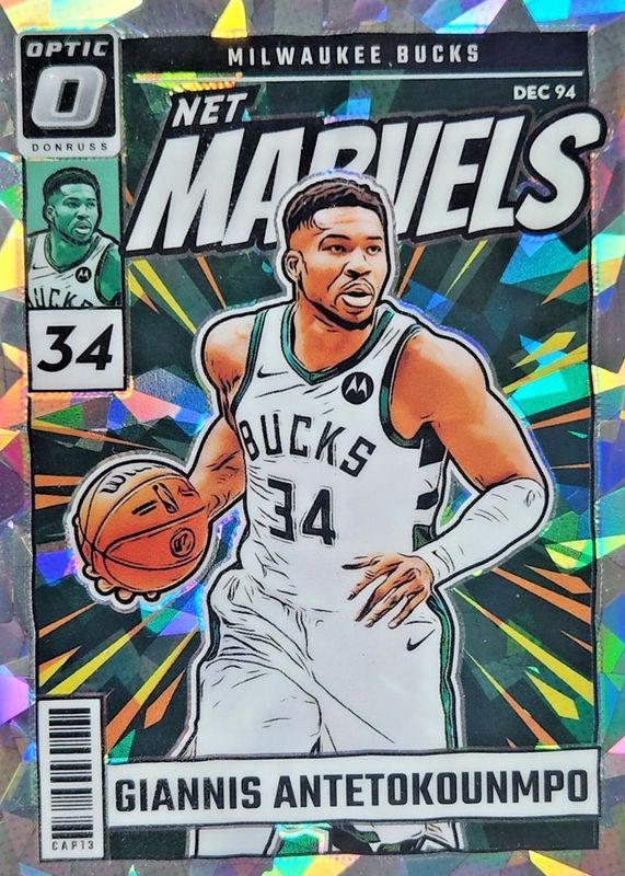 Giannis Antetokounmpo 2024 Optic #6 Net Marvels - Cracked Ice /25 RAW