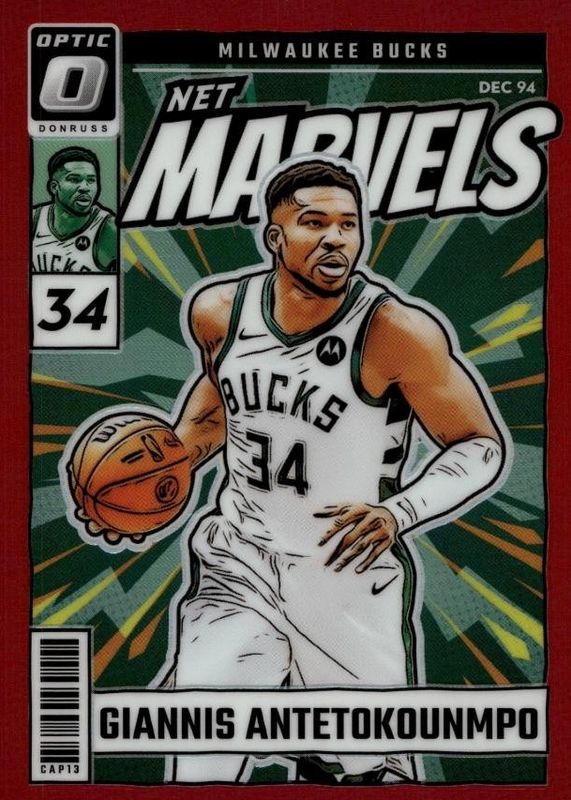 Giannis Antetokounmpo 2024 Optic #6 Net Marvels - Red /99 RAW