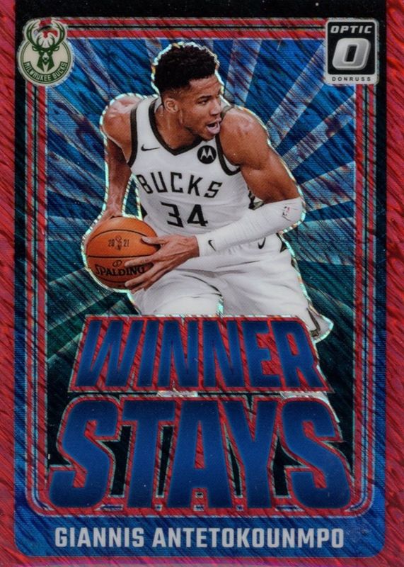 Giannis Antetokounmpo 2024 Optic #4 Winner Stays - Red Shimmer /75 RAW