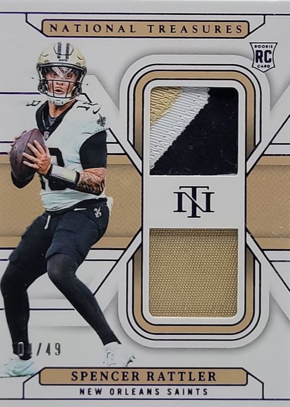 Spencer Rattler 2024 National Treasures #RDM-SRR Rookie Dual Materials - Purple /49 RAW