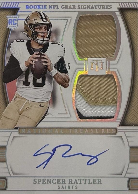 Spencer Rattler 2024 National Treasures #RGS-SRR Rookie NFL Gear Signatures - Prime Holo Silver /25 RAW