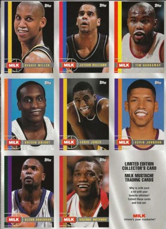 Jayson Williams / Eddie Jones / Tim Hardaway / Kevin Johnson / Milk Mustache / Glenn Robinson / Reggie Miller / Brevin Knight / Dikembe Mutombo 1998 Topps Milk Mustache Panel
