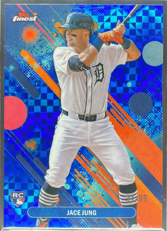 Jace Jung 2025 Topps Finest #29 Base Common - Blue X-Fractor /99 Rookie RAW