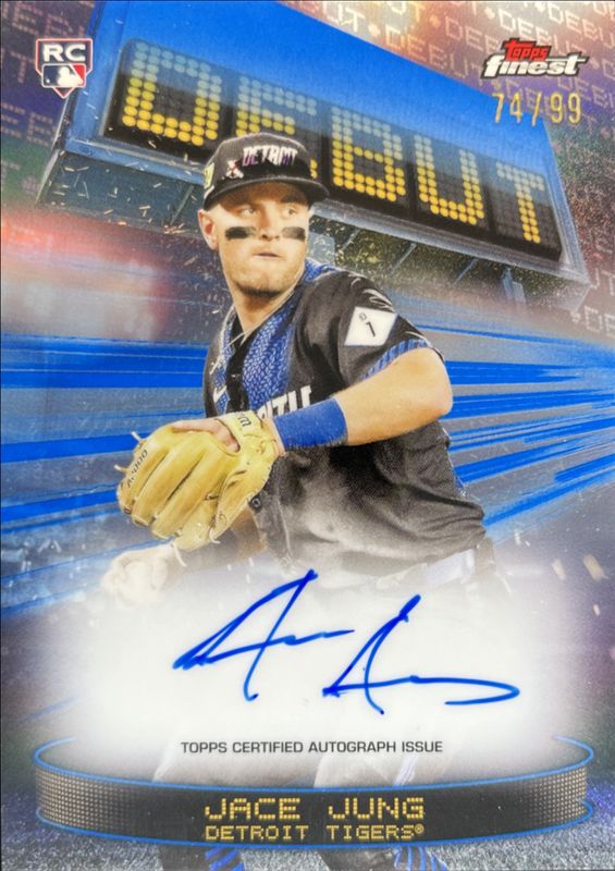 Jace Jung 2025 Topps Finest #DAV-JJU Debut Autographs - Blue Refractor /99 Rookie RAW