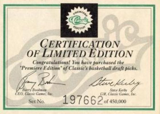 1991 Classic Flagship Certification of Limited Edition Checklist