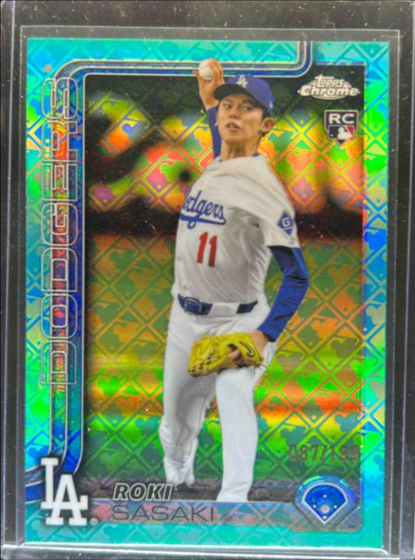Roki Sasaki 2025 Topps Chrome Logofractor Edition #217 Aqua Refractor /199 Rookie RAW