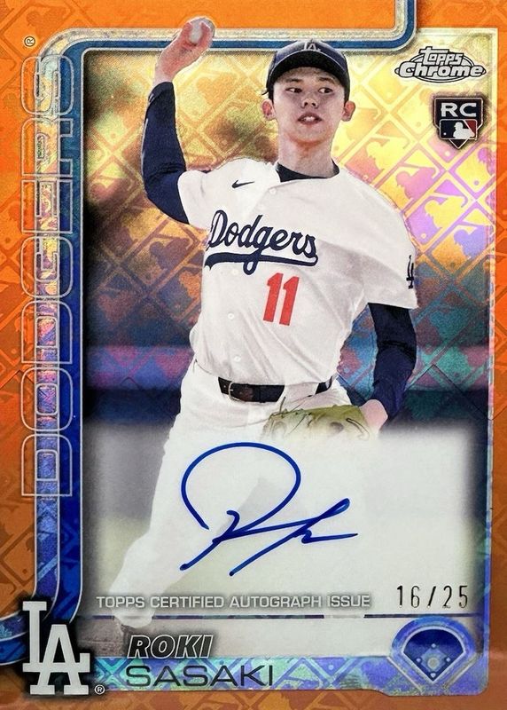 Roki Sasaki 2025 Topps Chrome Logofractor Edition #RA-ROKI Rookie Autographs - Orange Refractor /25 RAW