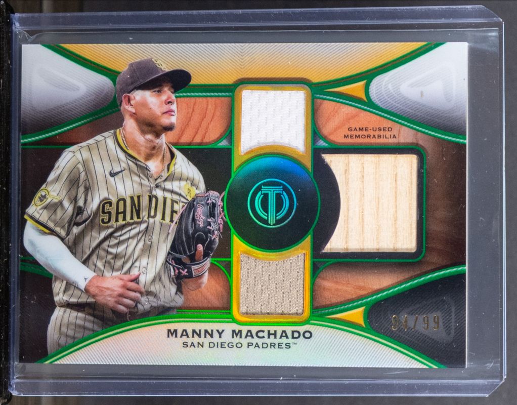 Manny Machado 2025 Topps Tribute #TTR-MM Tribute Triple Relic - Green /99 RAW