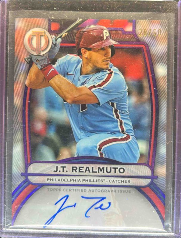 JT Realmuto 2025 Topps Tribute #TA-JTR Tribute Autograph - Purple /50 RAW