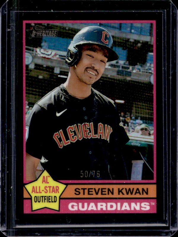 Steven Kwan 2025 Topps Heritage #475 Chrome - Black Refractor /76 RAW