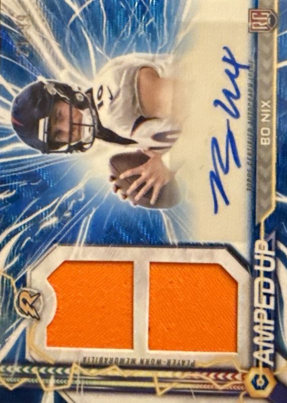 Bo Nix 2024 Topps Resurgence #AU-BN Amped Up Rookie Patch Autographs - Blue Surge Refractor /99 RAW