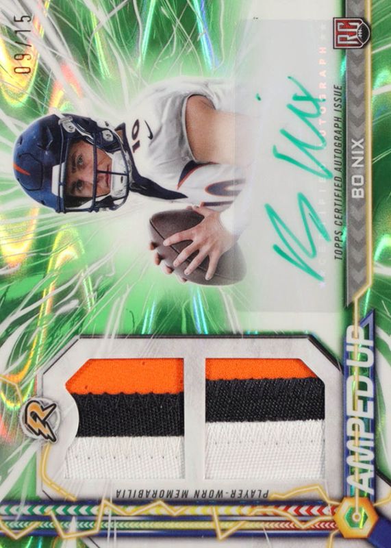 Bo Nix 2024 Topps Resurgence #AU-BN Amped Up Rookie Patch Autographs - Lime Green Power Surge Refractor /15 RAW