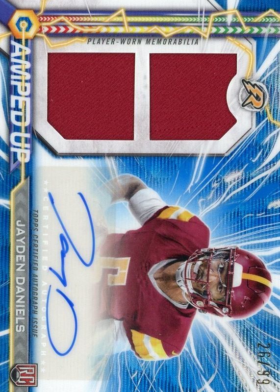 Jayden Daniels 2024 Topps Resurgence #AU-JD Amped Up Rookie Patch Autographs - Blue Surge Refractor /99 RAW