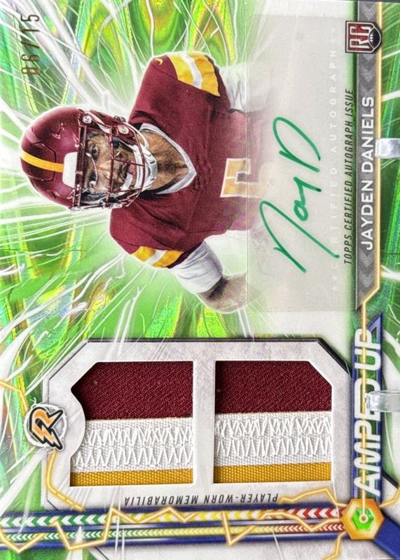 Jayden Daniels 2024 Topps Resurgence #AU-JD Amped Up Rookie Patch Autographs - Lime Green Power Surge Refractor /15 RAW